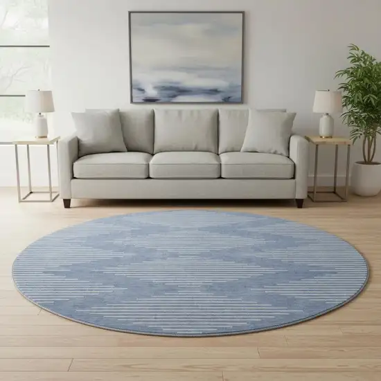 8' Denim Blue And Ivory Geometric Washable Round Rug With UV Protection Photo 2