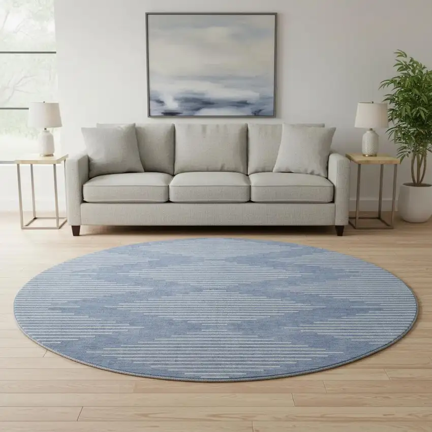 8' Denim Blue And Ivory Geometric Washable Round Rug With UV Protection Photo 2