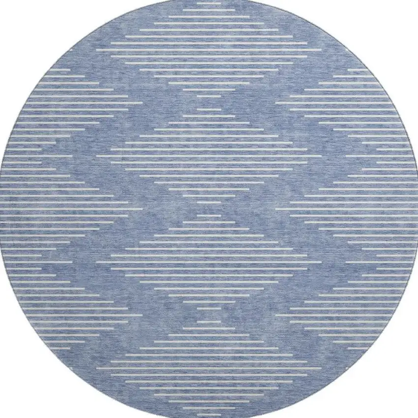 8' Denim Blue And Ivory Geometric Washable Round Rug With UV Protection Photo 3