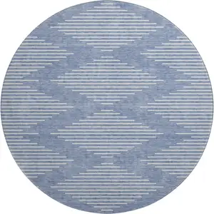 Photo of 8' Denim Blue And Ivory Geometric Washable Round Rug With UV Protection