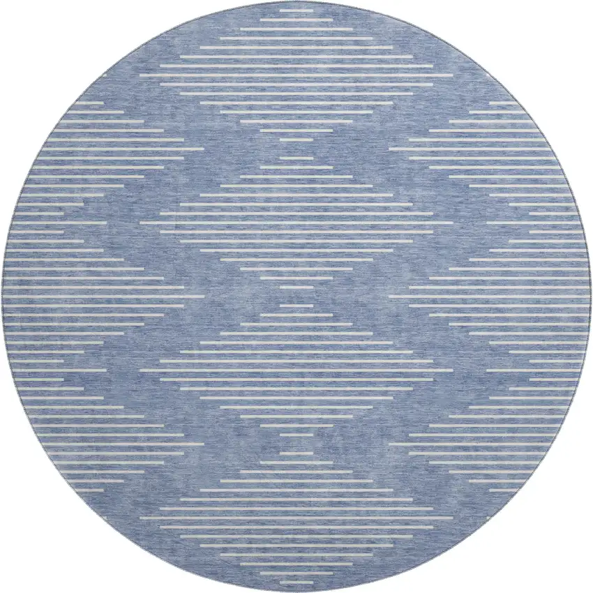 8' Denim Blue And Ivory Geometric Washable Round Rug With UV Protection Photo 1