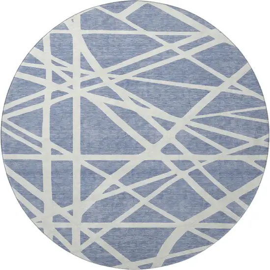 8' Denim Blue And Ivory Geometric Washable Round Rug With UV Protection Photo 3