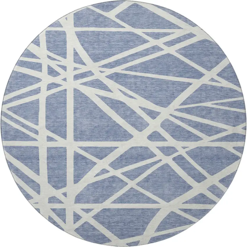 8' Denim Blue And Ivory Geometric Washable Round Rug With UV Protection Photo 3