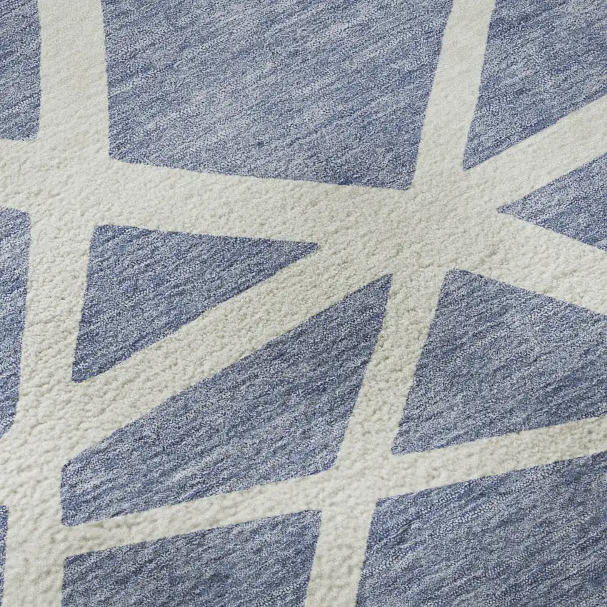 8' Denim Blue And Ivory Geometric Washable Round Rug With UV Protection Photo 8