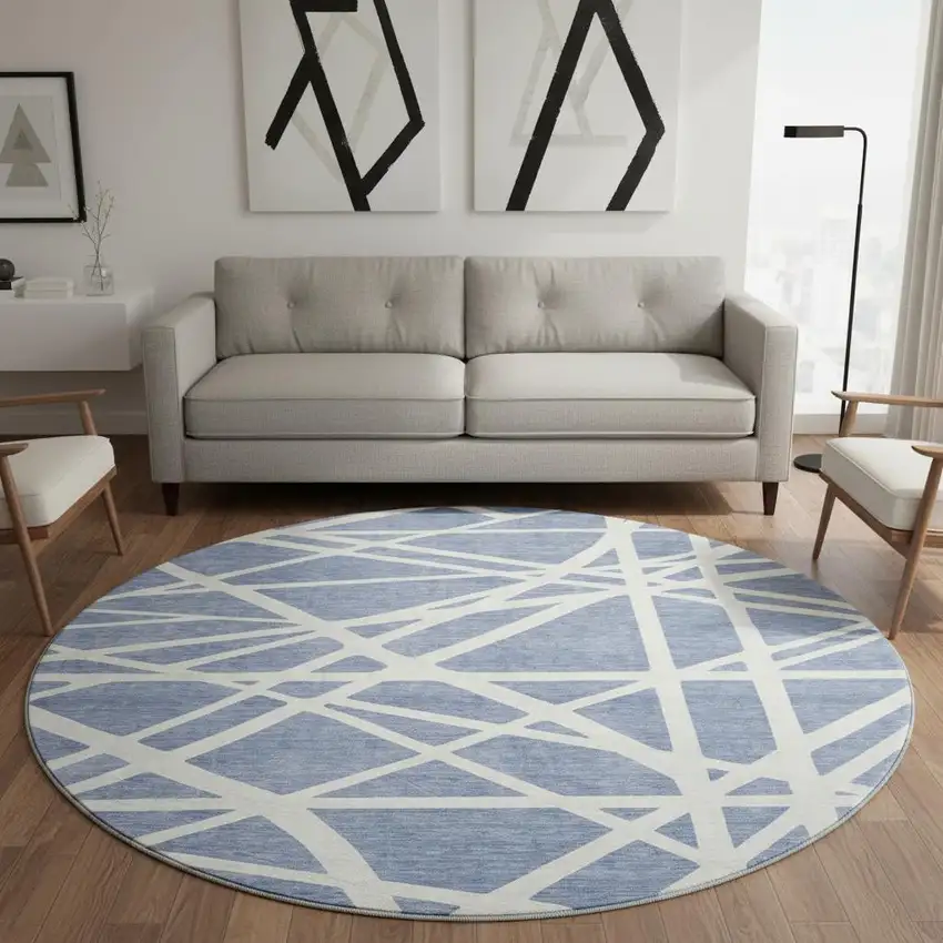 8' Denim Blue And Ivory Geometric Washable Round Rug With UV Protection Photo 2