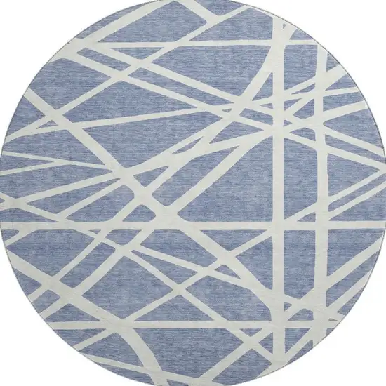 8' Denim Blue And Ivory Geometric Washable Round Rug With UV Protection Photo 2