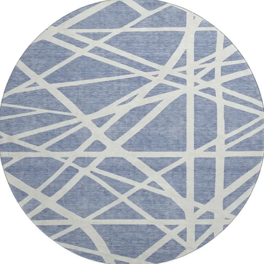 8' Denim Blue And Ivory Geometric Washable Round Rug With UV Protection Photo 2