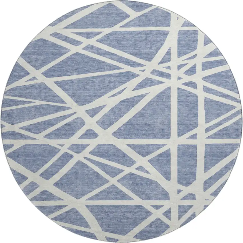 8' Denim Blue And Ivory Geometric Washable Round Rug With UV Protection Photo 1