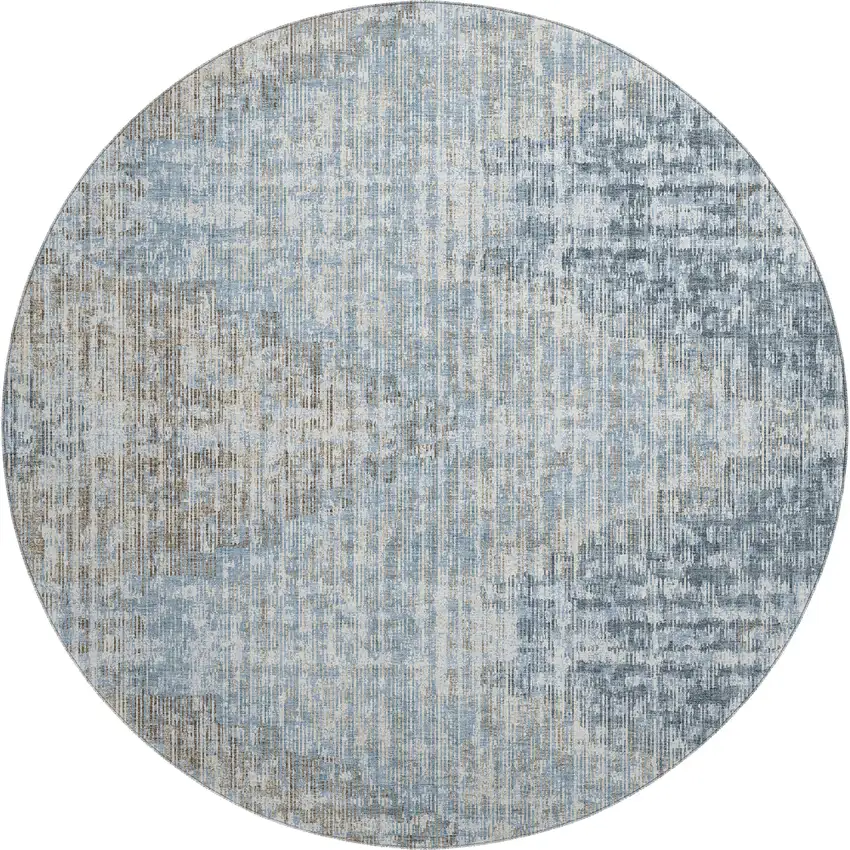 8' Denim Blue And Ivory Geometric Washable Round Rug With UV Protection Photo 1