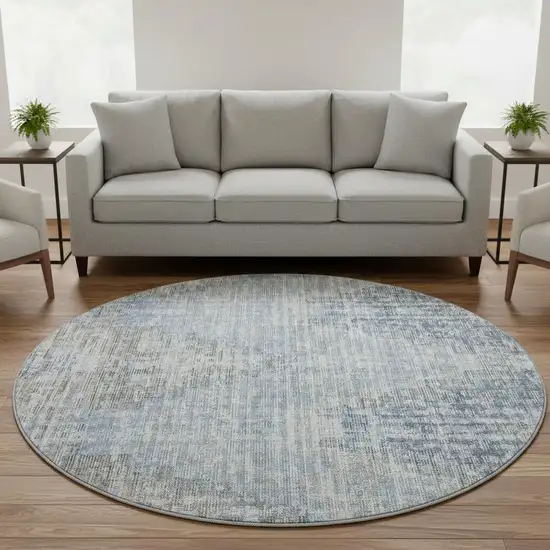 8' Denim Blue And Ivory Geometric Washable Round Rug With UV Protection Photo 2