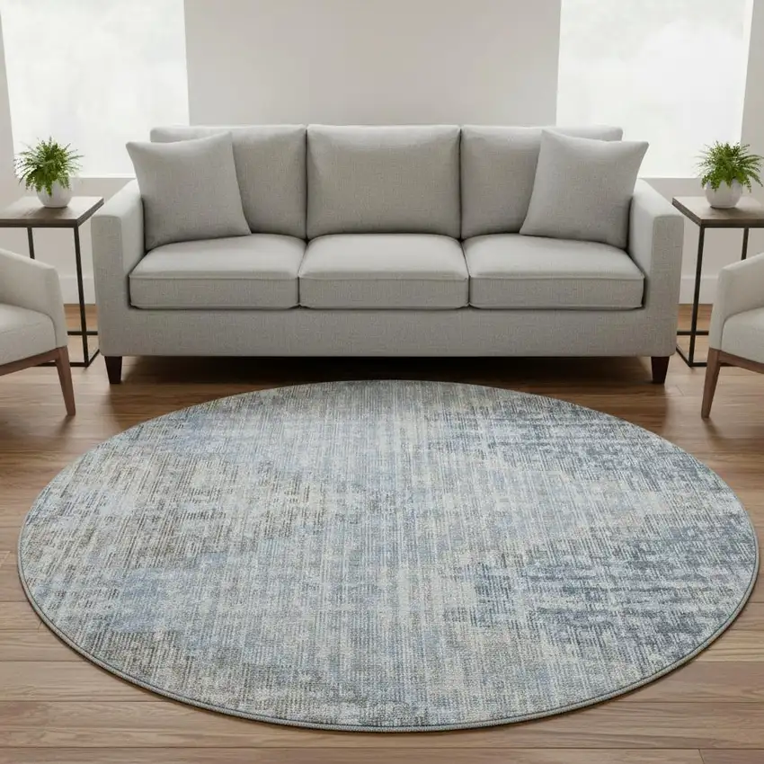 8' Denim Blue And Ivory Geometric Washable Round Rug With UV Protection Photo 2