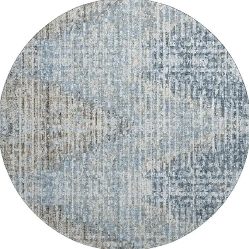 8' Denim Blue And Ivory Geometric Washable Round Rug With UV Protection Photo 4