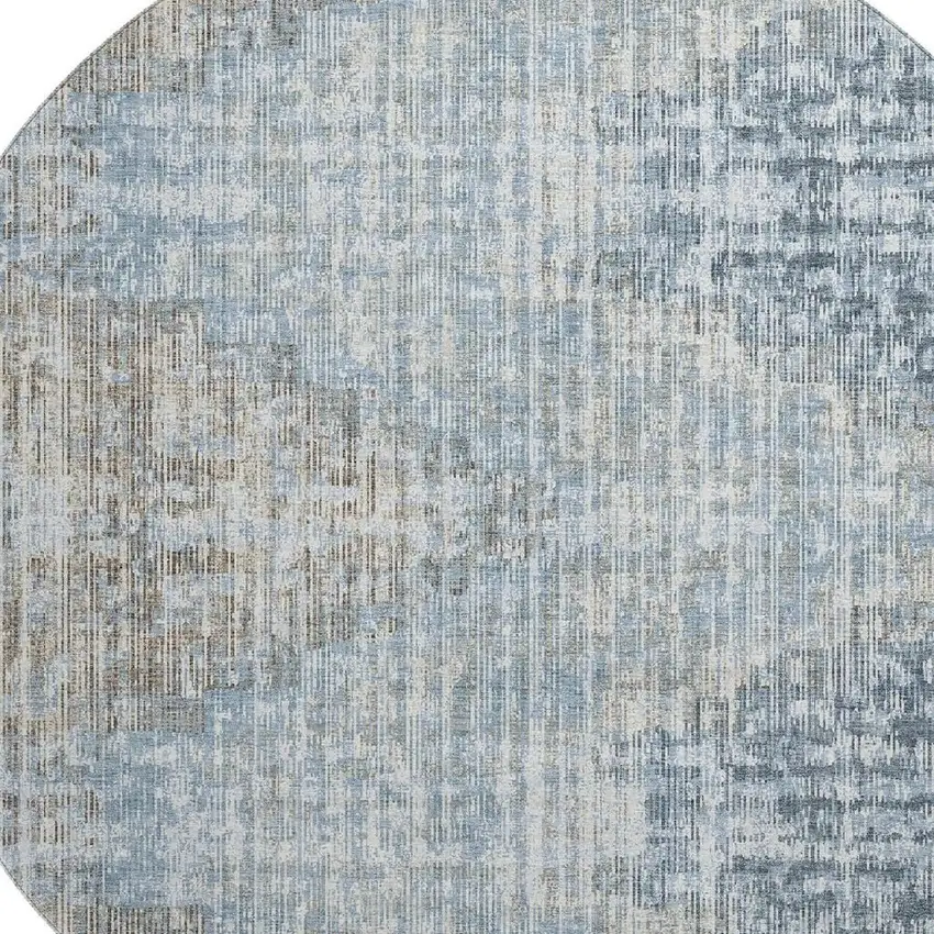 8' Denim Blue And Ivory Geometric Washable Round Rug With UV Protection Photo 3