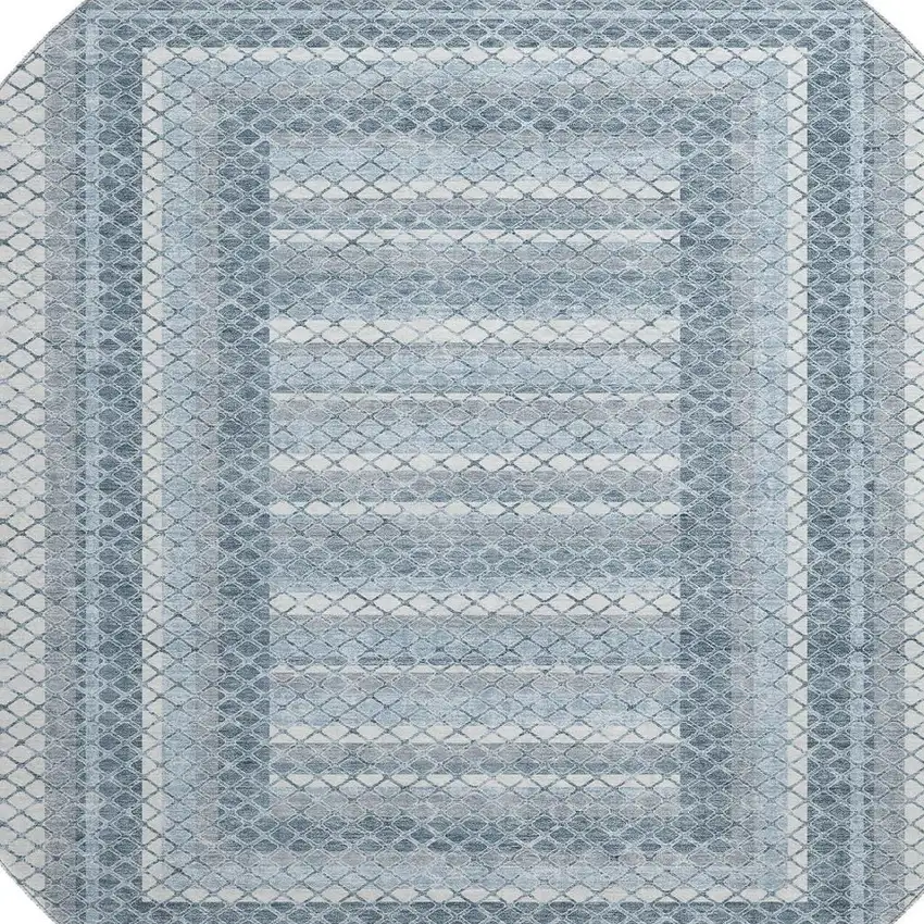 8' Denim Blue And Ivory Geometric Washable Round Rug With UV Protection Photo 3