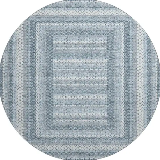 8' Denim Blue And Ivory Geometric Washable Round Rug With UV Protection Photo 4