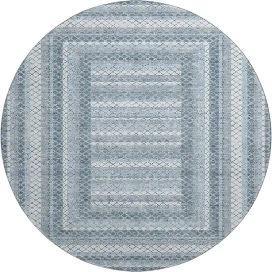 8' Denim Blue And Ivory Geometric Washable Round Rug With UV Protection Photo 1