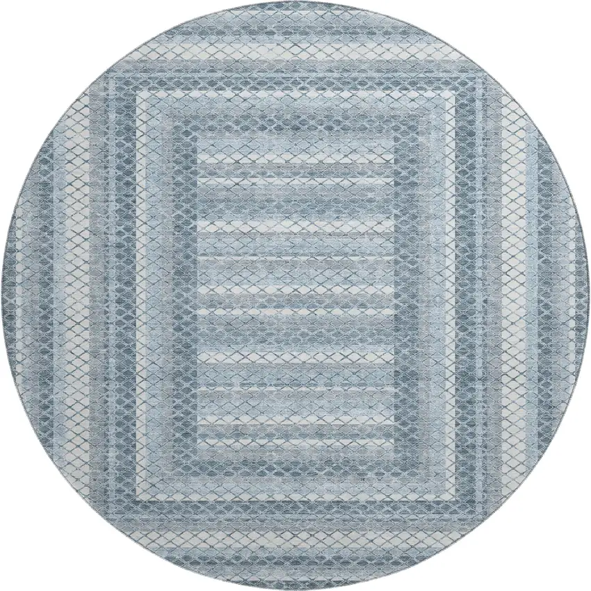 8' Denim Blue And Ivory Geometric Washable Round Rug With UV Protection Photo 1