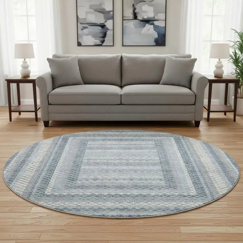 8' Denim Blue And Ivory Geometric Washable Round Rug With UV Protection Photo 2