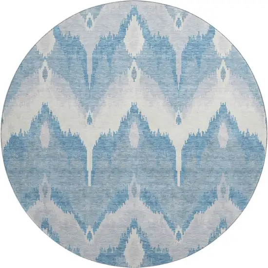8' Denim Blue And Ivory Ikat Washable Round Rug With UV Protection Photo 1