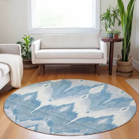 8' Denim Blue And Ivory Ikat Washable Round Rug With UV Protection Photo 5