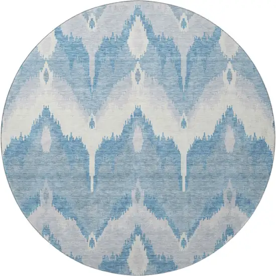 8' Denim Blue And Ivory Ikat Washable Round Rug With UV Protection Photo 4