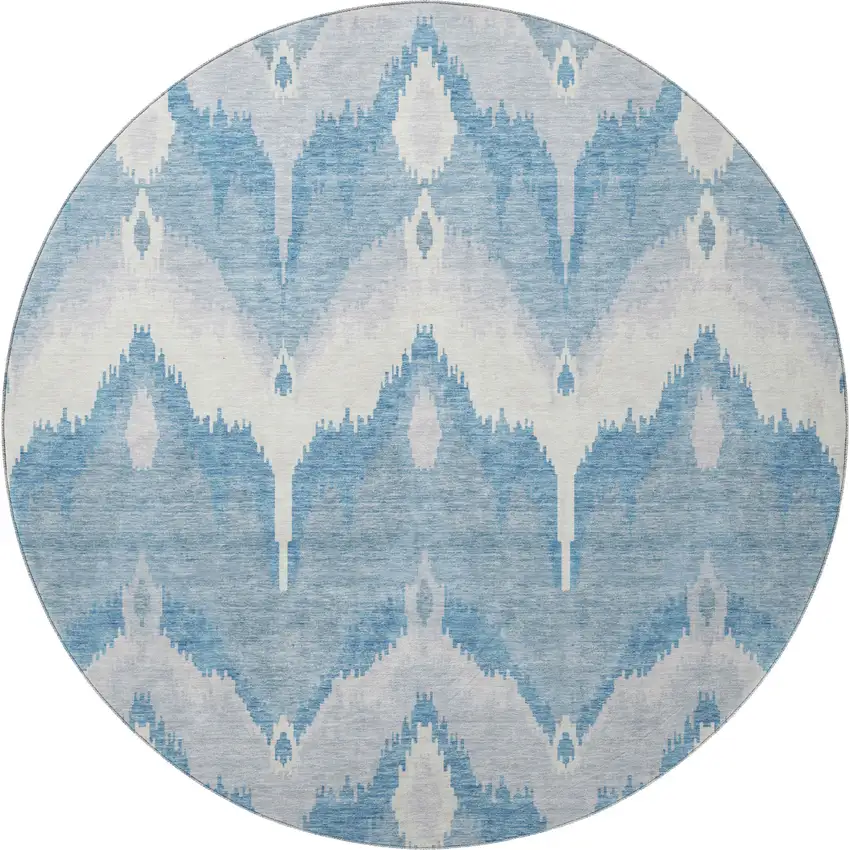 8' Denim Blue And Ivory Ikat Washable Round Rug With UV Protection Photo 4