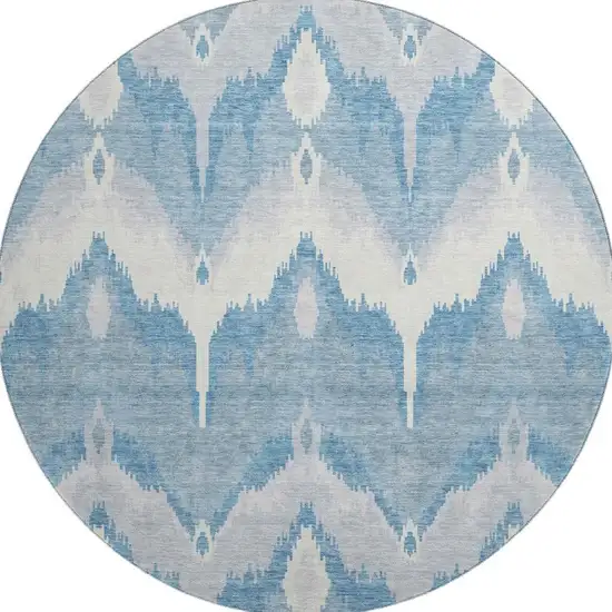 8' Denim Blue And Ivory Ikat Washable Round Rug With UV Protection Photo 3