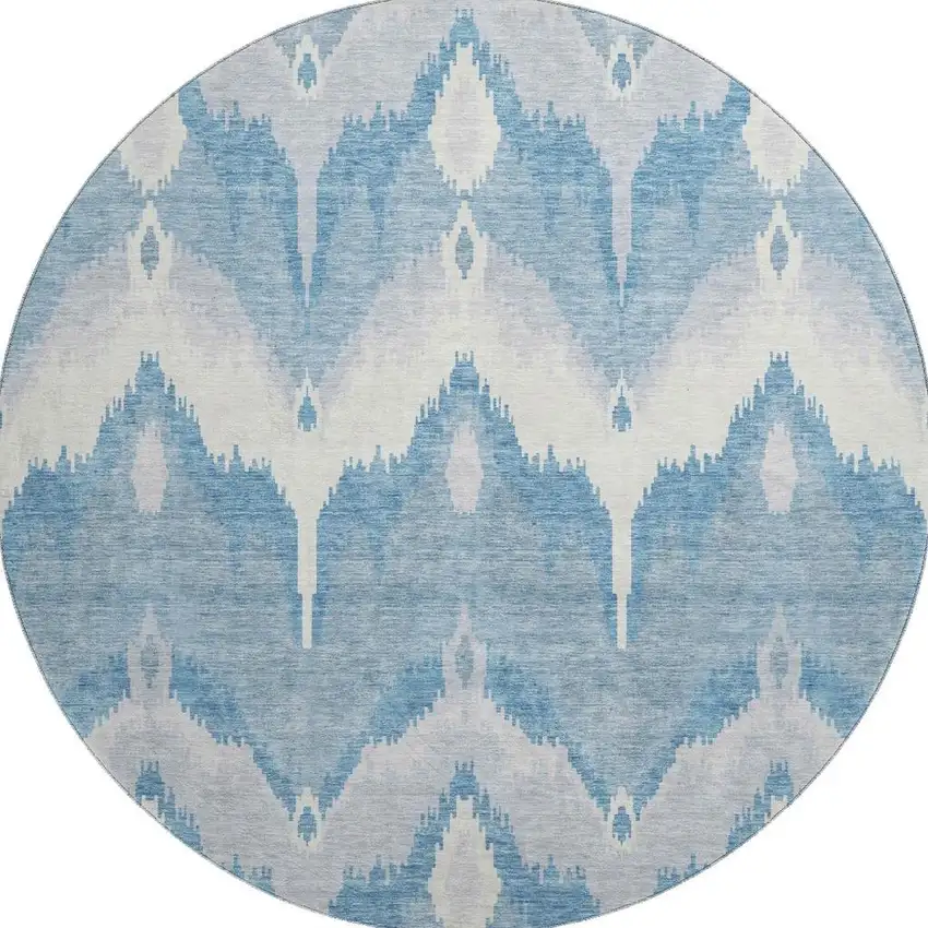 8' Denim Blue And Ivory Ikat Washable Round Rug With UV Protection Photo 3