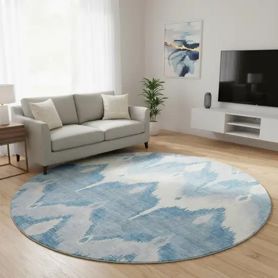 8' Denim Blue And Ivory Ikat Washable Round Rug With UV Protection Photo 2