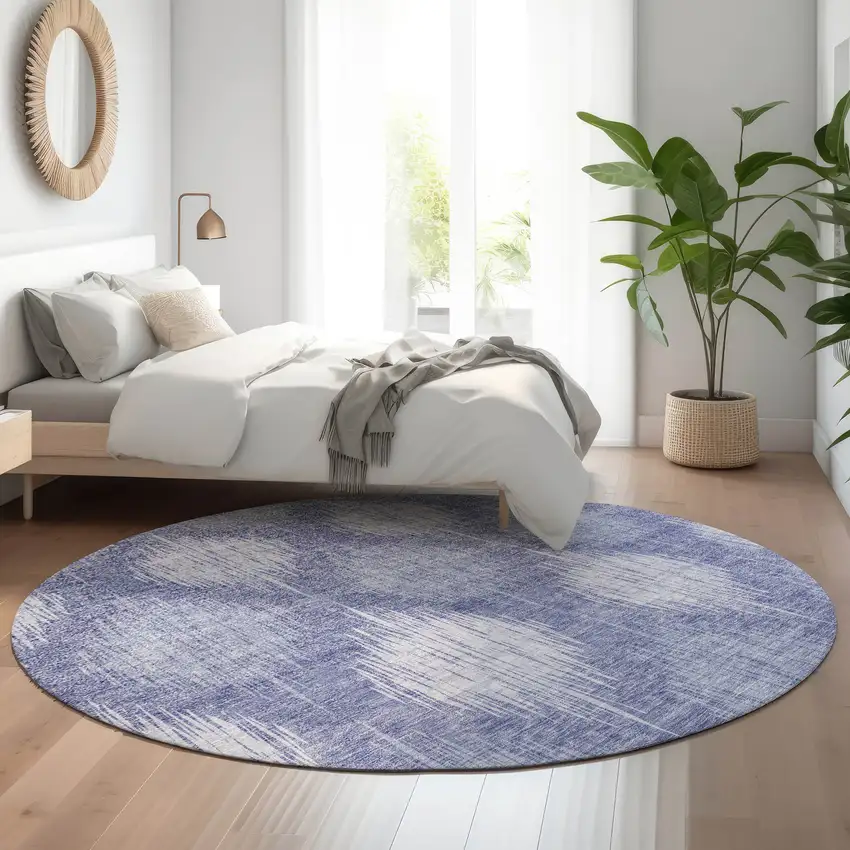 8' Denim Blue And Ivory Ikat Washable Round Rug With UV Protection Photo 5