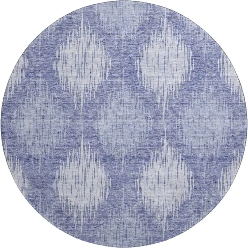 8' Denim Blue And Ivory Ikat Washable Round Rug With UV Protection Photo 1