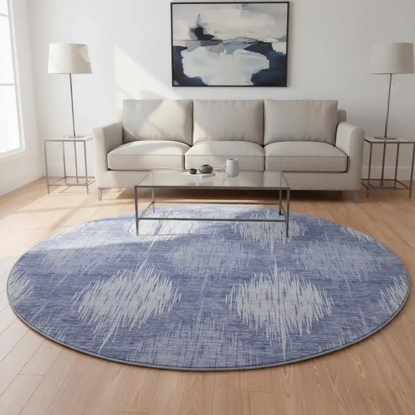 8' Denim Blue And Ivory Ikat Washable Round Rug With UV Protection Photo 2