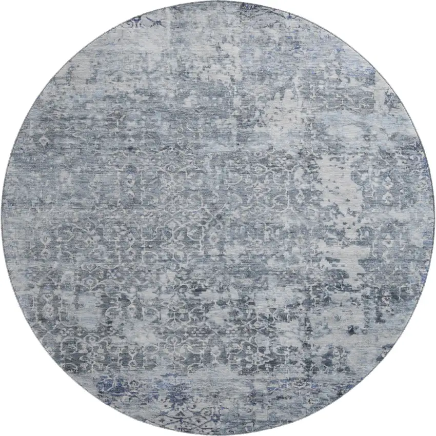 8' Denim Blue And Ivory Oriental Washable Round Rug With UV Protection Photo 1