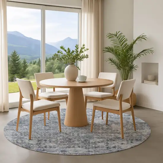 8' Denim Blue And Ivory Oriental Washable Round Rug With UV Protection Photo 4