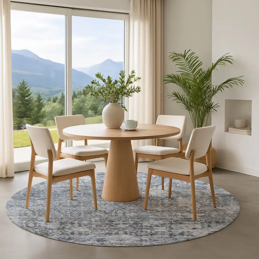 8' Denim Blue And Ivory Oriental Washable Round Rug With UV Protection Photo 4