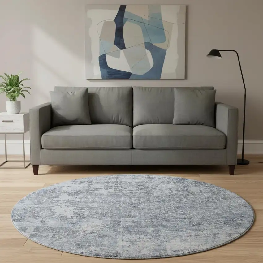 8' Denim Blue And Ivory Oriental Washable Round Rug With UV Protection Photo 2