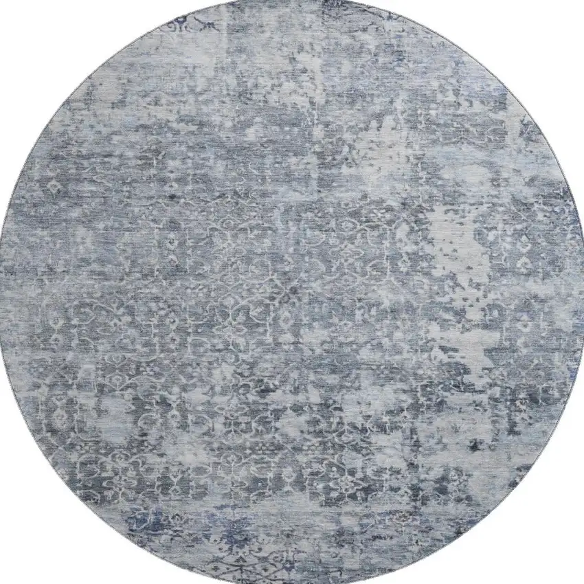8' Denim Blue And Ivory Oriental Washable Round Rug With UV Protection Photo 3