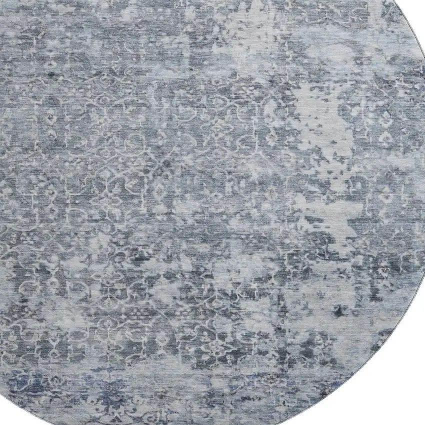 8' Denim Blue And Ivory Oriental Washable Round Rug With UV Protection Photo 2