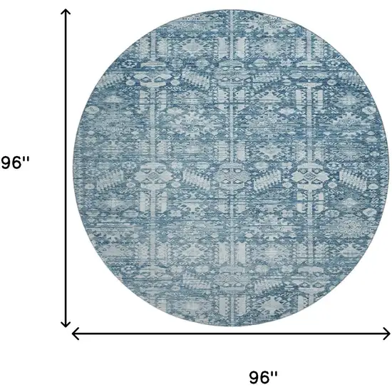 8' Denim Blue And Ivory Oriental Washable Round Rug With UV Protection Photo 9
