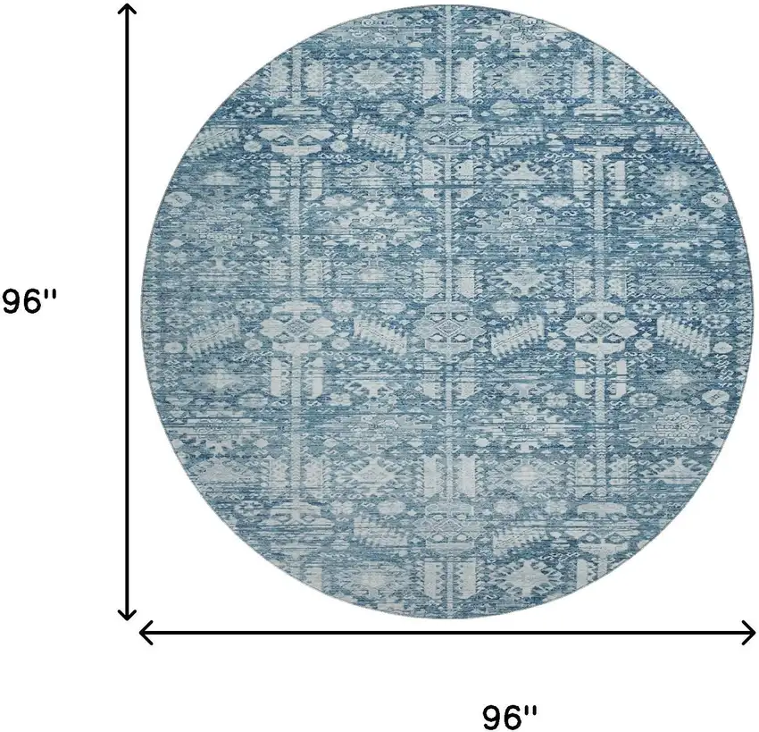 8' Denim Blue And Ivory Oriental Washable Round Rug With UV Protection Photo 9
