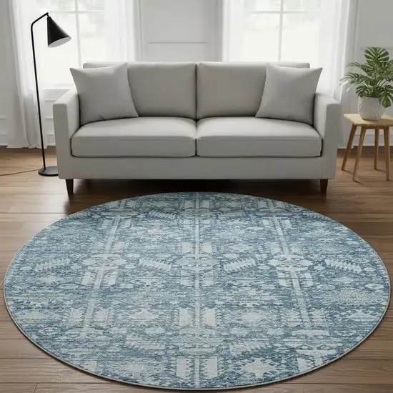 8' Denim Blue And Ivory Oriental Washable Round Rug With UV Protection Photo 2