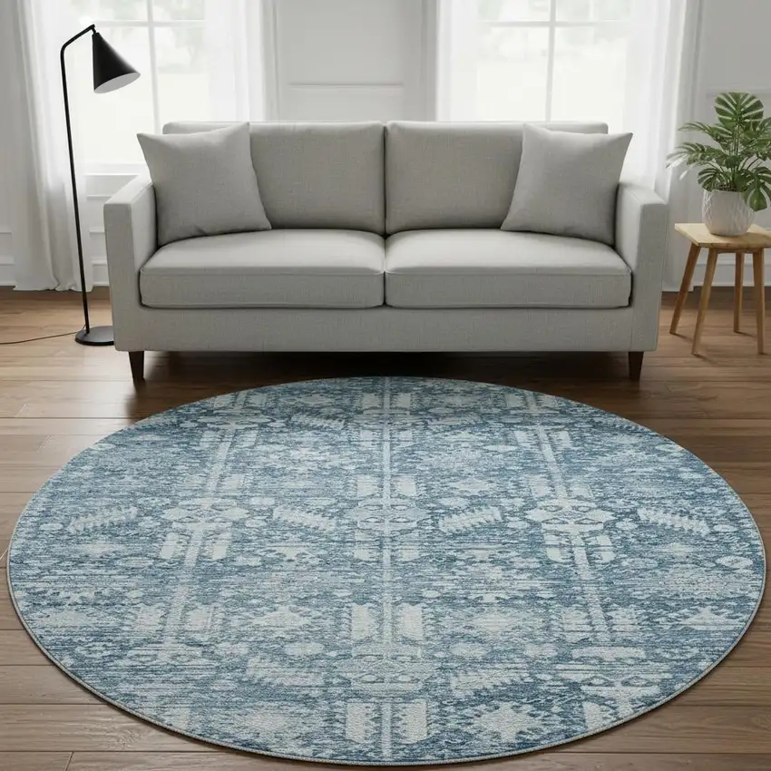 8' Denim Blue And Ivory Oriental Washable Round Rug With UV Protection Photo 2