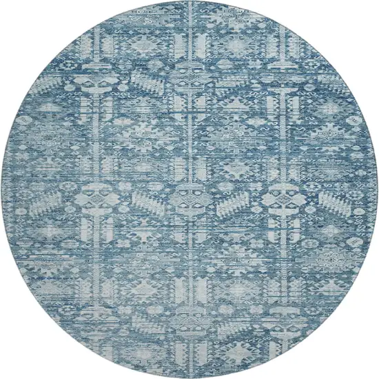 8' Denim Blue And Ivory Oriental Washable Round Rug With UV Protection Photo 1