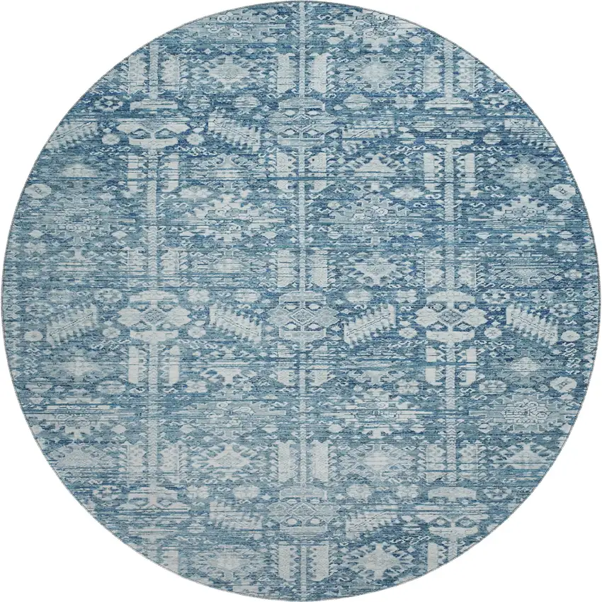 8' Denim Blue And Ivory Oriental Washable Round Rug With UV Protection Photo 1