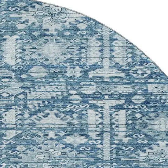 8' Denim Blue And Ivory Oriental Washable Round Rug With UV Protection Photo 2
