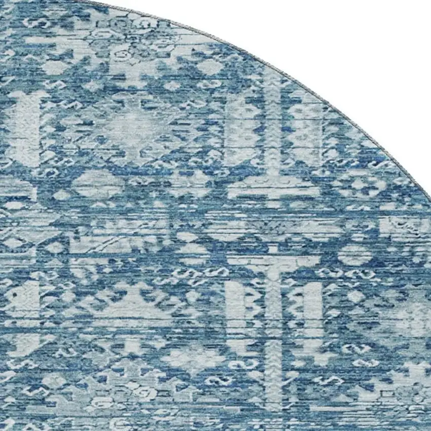 8' Denim Blue And Ivory Oriental Washable Round Rug With UV Protection Photo 2