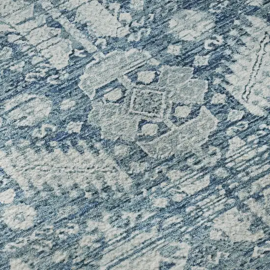 8' Denim Blue And Ivory Oriental Washable Round Rug With UV Protection Photo 8