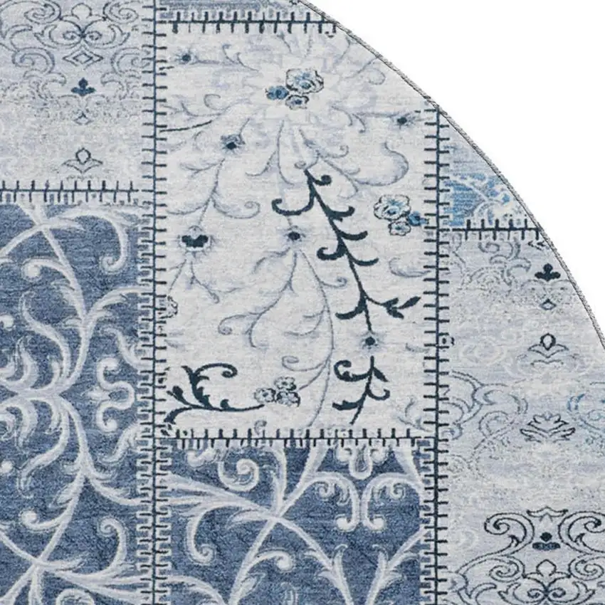 8' Denim Blue And Ivory Patchwork Washable Round Rug With UV Protection Photo 3