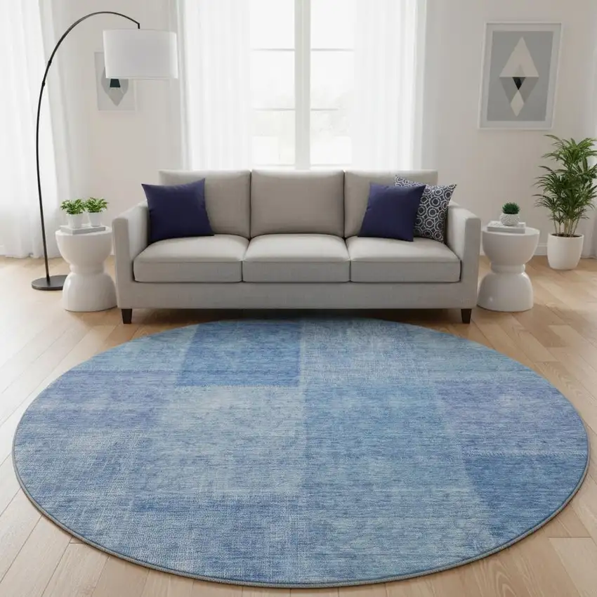 8' Denim Blue And Ivory Patchwork Washable Round Rug With UV Protection Photo 2