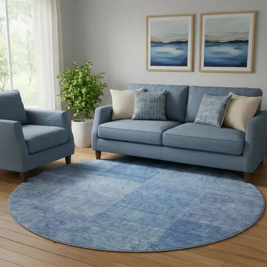 8' Denim Blue And Ivory Patchwork Washable Round Rug With UV Protection Photo 1